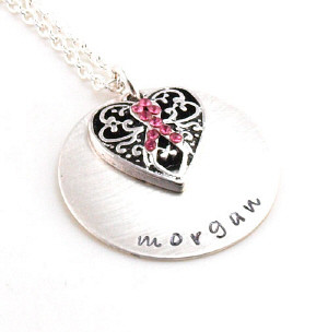 Breast Cancer Awareness Ribbon Hand Stamped Pendant