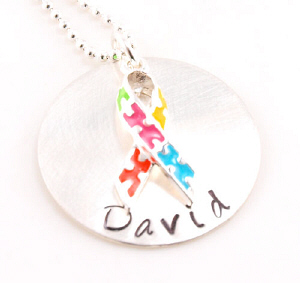 Autism Awareness Ribbon Hand Stamped Necklace