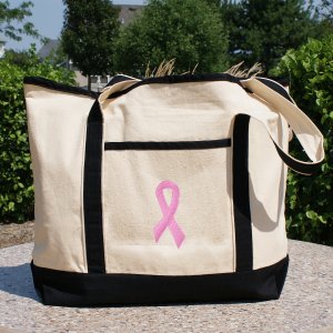 Embroidered Pink Ribbon Tote Bag