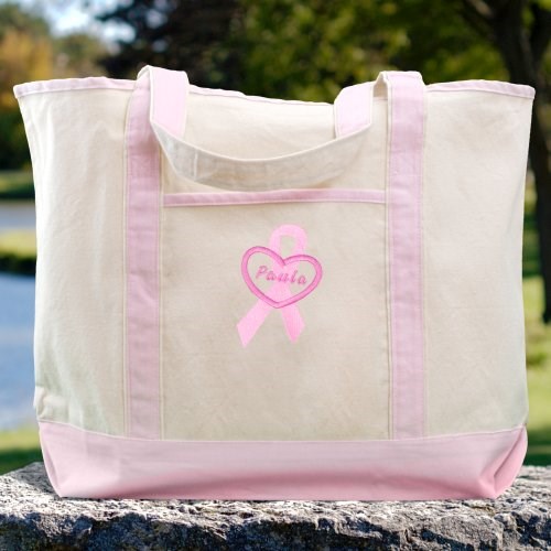 Embroidered Breast Cancer Awareness Pink Canvas Tote Bag